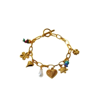 18K gold plated stainless steel bracelet with heart charms, pearls and colorful stones