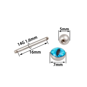 Colorful stainless steel tongue ring with blue cat eye stone and size specifications