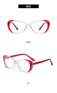 Detailed front and 45-degree angle views of red and pink cat-eye blue light blocking glasses