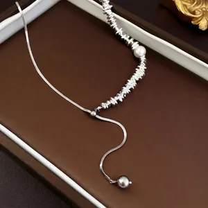French style silver bead and pearl pendant necklace with adjustable snake chain