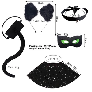 Detailed size specifications for the 5-piece Halloween black cat costume accessories set