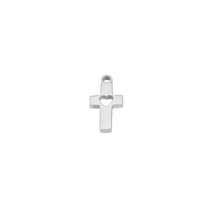 Polished stainless steel cross pendant featuring a heart cutout on white background