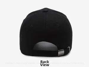 Detailed back view of a black cotton baseball cap with adjustable metal buckle strap