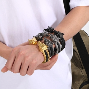 Men's retro leather bracelet with double wolf head steel wire design in four metallic colors