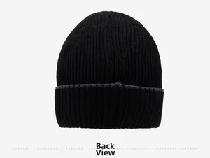 Back view of black winter beanie with rib-knit texture and grey trim detailing