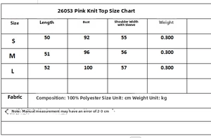 Size chart for pink knit short sleeve top with heart buckle detailing in cm and kg