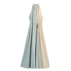 Halter Neck Maxi Dress Polyester Pleated Color Blocked V-Neck Sleeveless High Waist Elegant Backless Summer Party