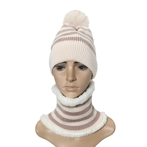 Kids winter knit beanie and scarf set with stripes and soft white faux fur lining
