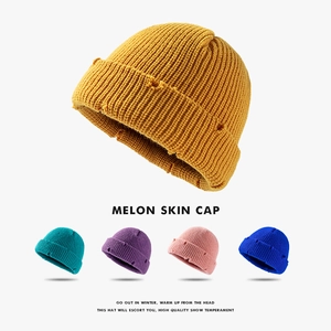 Distressed Knit Beanie Broken Hole Acrylic Short Rolled Edge Hip-Hop Streetwear Warm Winter Hat For Men Women