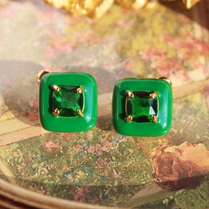 French vintage handmade enamel earrings with green square zircon and gold finish