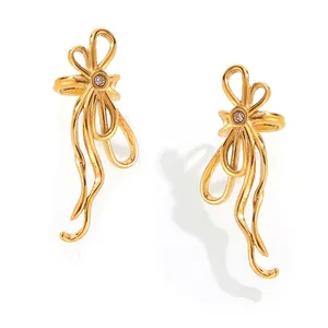 Personalized Hip Hop Style Titanium Steel Bowknot U-Shaped Hoop Earrings For Women Rhinestone Geometric Line Design Fashion Jewelry