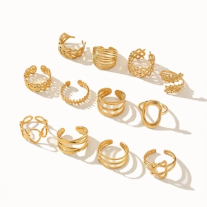 11-piece minimalist geometric and leaf pattern 18k gold-plated open rings for women