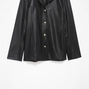 Classic black faux leather jacket for women with long sleeves and front button closure
