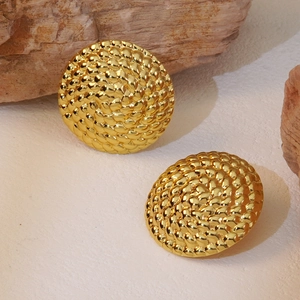 Vintage Round Stud Earrings 304 Stainless Steel Woven Texture Geometric Gold Plated Elegant Jewelry For Women