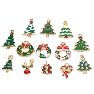 DIY Christmas charms collection with colorful enamel trees, wreaths, and reindeer designs