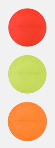 Close-up of durable rubber dog frisbees with swirl texture in red, green, and orange