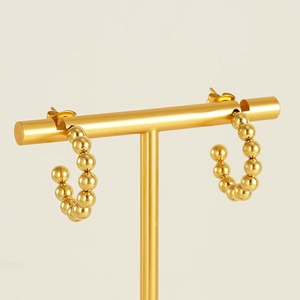 French vintage 18K gold stainless steel hoop earrings with round bead design for women