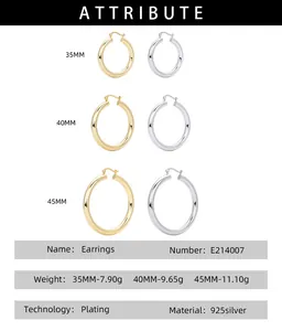 Size specification chart for S925 sterling silver hoop earrings in gold and silver finish