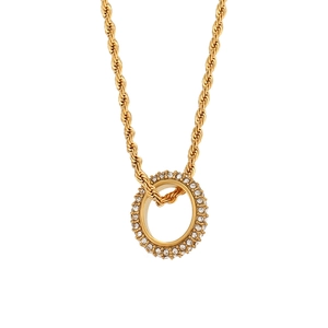 Gold stainless steel twisted rope chain necklace with a sparkling rhinestone pavé circle pendant