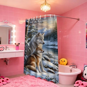 Detail of 3D wolf print shower curtain featuring metal hanging grommets and hooks