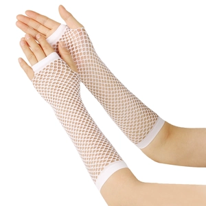 Detail of white long fishnet fingerless gloves made of elastic mesh fabric for women