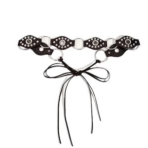 Y2K punk leather choker with metal rings and silver studs on white background