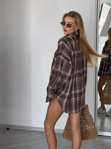 Women's long-sleeve plaid shirt in brown and white, loose fit mid-length button-up top