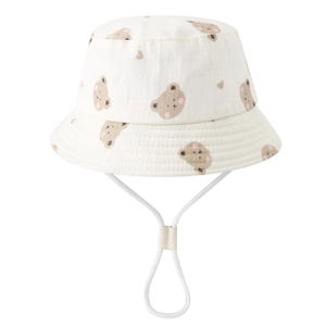 Cute off-white baby sun hat with brown bear patterns and adjustable windproof strap