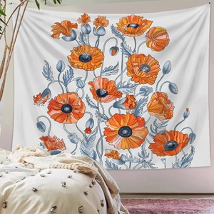 Detailed close-up of a wall tapestry featuring orange floral poppy prints in a bedroom