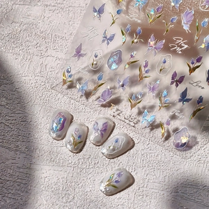 Iridescent purple butterfly and tulip nail art stickers TL-353 with adhesive backing