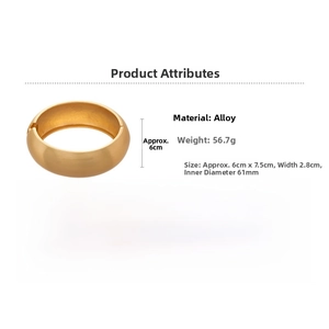 Detailed view of wide gold alloy cuff with brushed texture showing dimensions and weight