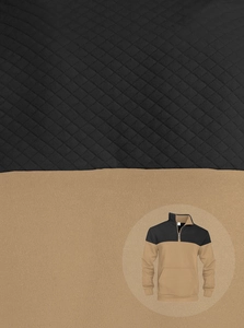 Detail of waffle knit fabric and quilted rhombus texture on men's stand collar sweatshirt