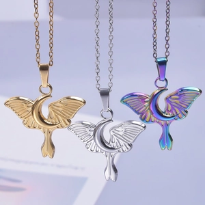 Stainless steel moth and moon pendant necklace available in gold, silver, and rainbow colors