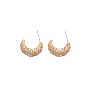 Sparkling gold crescent moon stud earrings with clear zircon stones for women