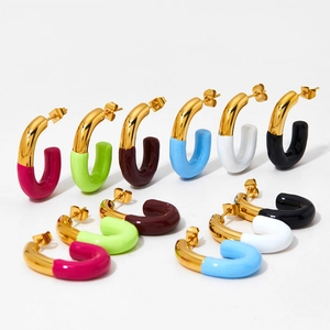 Colorful enamel C-shaped stud earrings in various bright candy colors on gold metal base