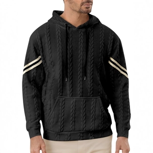 Men's black knitted hoodie with cable texture and white stripes on sleeves
