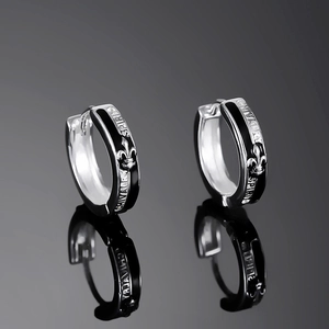 Silver knight hoop earrings with black enamel inlay and engraved Chivalry Spirit text