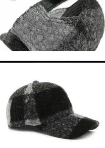 Dettaglio ravvicinato e vista laterale del cappello baseball a quadri neri e grigi