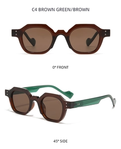 Retro polygon sunglasses with brown frame and green temples at 0 and 45 degree views