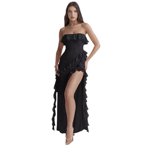 Robe de soirée bustier noire élégante avec volants et fente haute pour femme