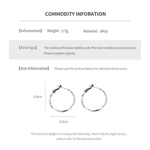 Size details of the alloy hoop earrings measuring 3.6cm in height and 2.9cm in width