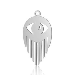 Polished silver stainless steel eye pendant with hanging fringe on white background