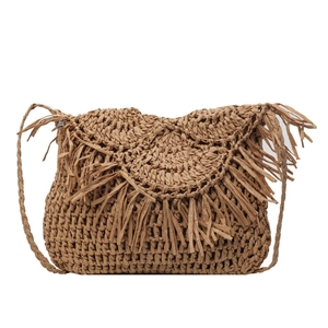 Bohemian large straw woven shoulder bag with fringe flap in dark khaki for beach vacation