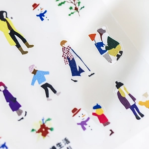 Winter-themed nail art stickers featuring cozy character illustrations and slow life motifs