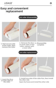 Step-by-step assembly guide for the lint roller showing refill roll replacement process