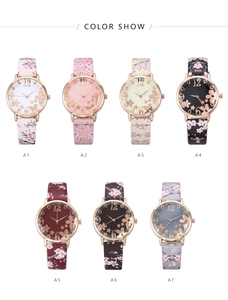 Detailed grid of fashion quartz watches with floral leather straps in seven color options