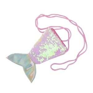 Pink sequin mermaid tail coin purse for girls with iridescent fin and crossbody strap