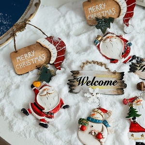 Retro resin Christmas tree ornaments set with Santa Snowman and Merry Christmas sign