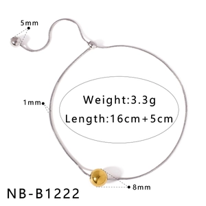 Detailed view of adjustable snake chain bracelet with golden bead and dimension specs