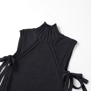 Gilet en tricot noir pour femme avec col montant et détails de nœuds sur l'épaule